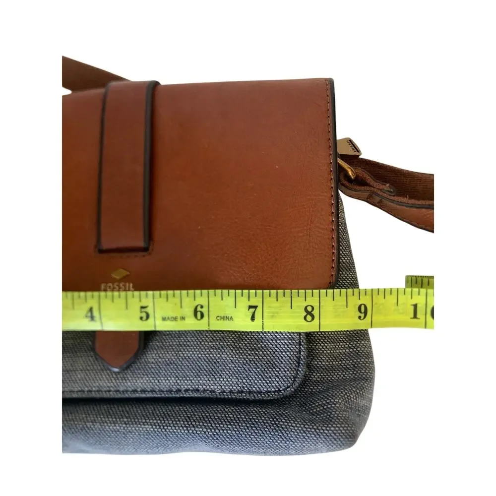 Fossil Kinley Crossbody Mixed Media Bag Purse Blue Cloth Brown Leather Blend
